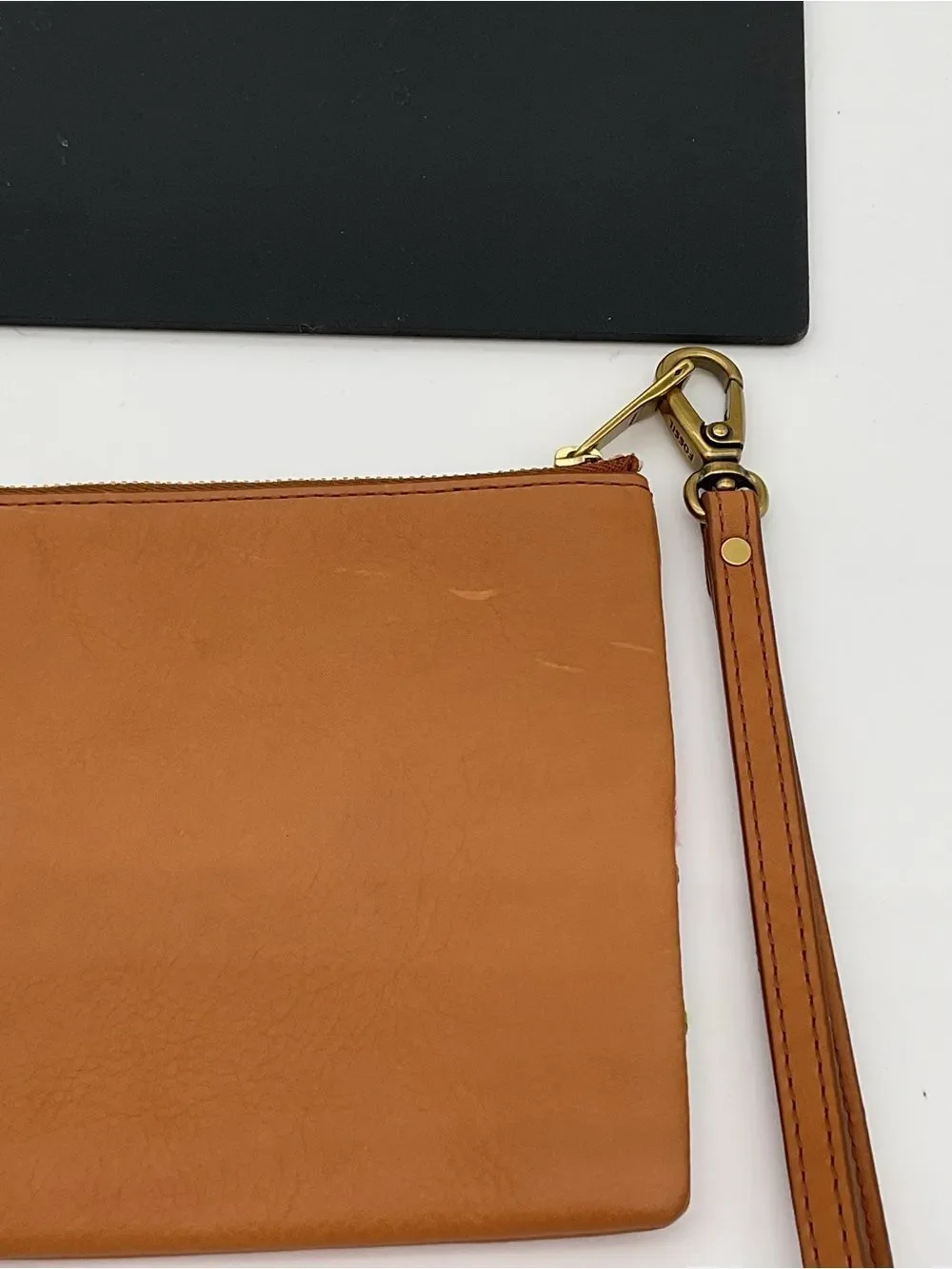 Fossil Tan Leather Wristlet Clutch with Multicolor Leaf Appliqués